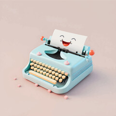 Cute & whimsical 3D typewriter icon character perfect for writing, literature projects, website icons, app buttons, marketing materials. Adorable cartoon-like design, cheerful colors, friendly express