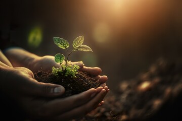 A seedling with soil grows out of a hand. Take care of something small and delicate, like a seedling, it can grow into something strong and beautiful. Generative AI