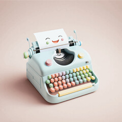 Cute & whimsical 3D typewriter icon character perfect for writing, literature projects, website icons, app buttons, marketing materials. Adorable cartoon-like design, cheerful colors, friendly express