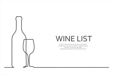 Wine list. Continuous line one drawing of wine bottle with wineglass. Illustration with quote template. Can used for logo, emblem, slide show and banner.