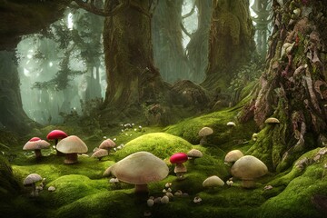big mossy trees in the magical fairy tale forest environment with white and red mushrooms,