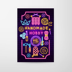 Handmade Hobby Neon Flyer. Vector Illustration of Craftsmanship Promotion.