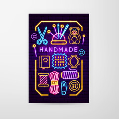 Handmade Neon Flyer. Vector Illustration of Craftsmanship Promotion.