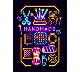 Handmade Neon Poster. Vector Illustration of Craftsmanship Promotion.