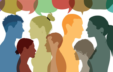 Multiethnic and multicultural people talking and dialoguing in a crowd. Vector illustration. People share ideas and communicate with each other.