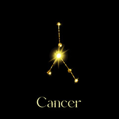 Horoscope Cancer Constellations of the zodiac sign from a golden texture on a black background
