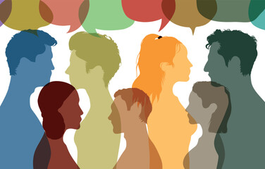Business people with speech bubbles from different cultures. An expression of opinions, evaluations, and feedback. Vector Illustration. Conversation and communication among diverse groups.