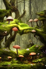 fantasy forest scene with mushrooms and mossy trees
