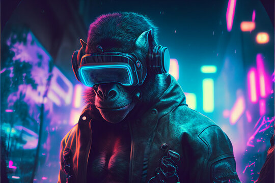 Cyber punk chimpanzees in augmented reality vr glasses in a neon-lit city, Avatar technology, meta universes, future technology. Generative AI