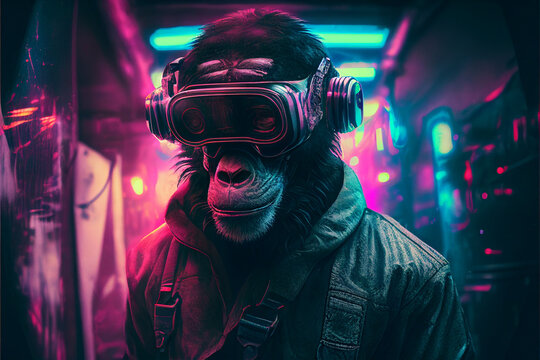 Cyber punk chimpanzees in augmented reality vr glasses in a neon-lit city, Avatar technology, meta universes, future technology. Generative AI