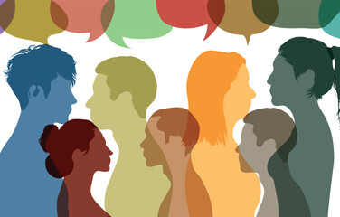 People share ideas and communicate with each other. Vector Illustration. Multiethnic and multicultural people talking and dialoguing in a crowd.