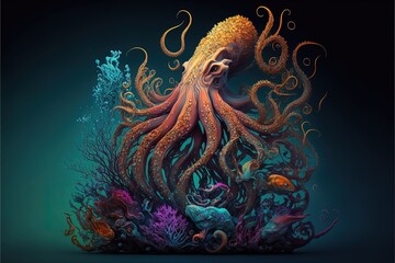 Octopus illustration under the ocean with corals. Generative AI