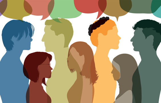 Speech bubbles. Share ideas and communicate among multiethnic and multicultural people. Vector Illustration. Dialogue and information exchange.