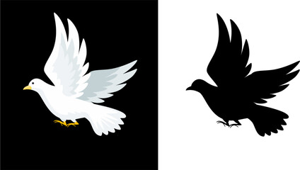 Dove icons, peace and easter symbol, pigeon bird flying with olive branch twig in beak. Vector dove , silhouette of dove peace 