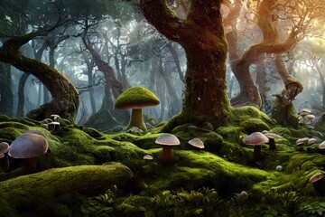 fantasy forest scene with mushrooms and mossy trees