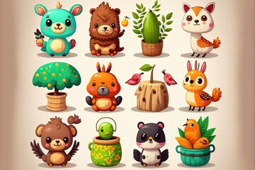 Cute animals set illustration, cartoon style, background. Generative AI
