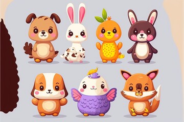 Cute animals set illustration, cartoon style, background. Generative AI