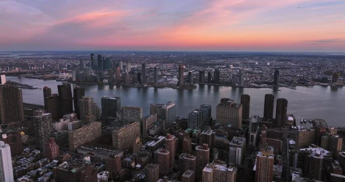 Panorama aerial view skyscraper east river manhattan midtown NYC skyline during sunrise Ed Koch Queensboro Bridge Roosevelt Island