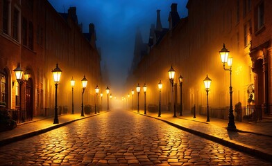 Street with street lights and cobblestones at night - created with Generative AI - obrazy, fototapety, plakaty