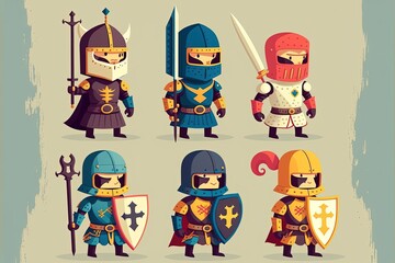 Fototapeta premium Cartoon style illustration of medieval knights set, background. Generative AI