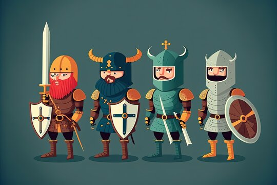 Cartoon style illustration of medieval knights set, background. Generative AI