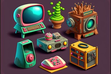 Cartoon style illustration of 80's objects and toys set, white background. Generative AI