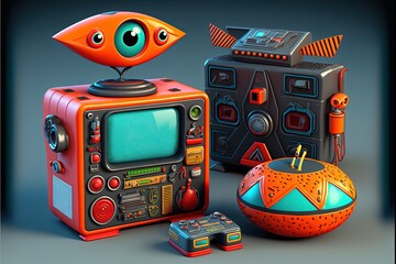 Cartoon style illustration of 80's objects and toys set, white background. Generative AI