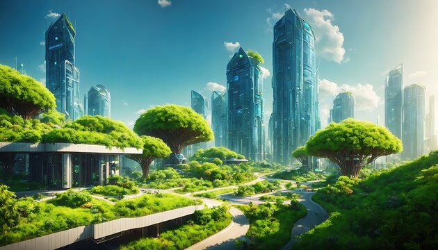 A futuristic eco city utopia plants buildings vegetation - created with Generative AI