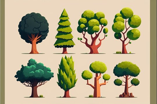 Cartoon style illustration of set of trees, background. Generative AI