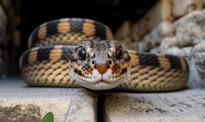 Fototapeta premium 3D Klapperschlange auf der Treppen. Zum Angriff bereite Schlange. Illustration einer Natter - KI generiert. Gefährliche Schlange in die Enge getrieben.