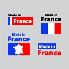 Made in France label set. Made in France stamp. Big set of labels, stickers, bookmarks, badges, symbols and page curls with France flag icon on design elements.