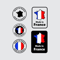 Made in France label set. Made in France stamp. Big set of labels, stickers, bookmarks, badges, symbols and page curls with France flag icon on design elements.