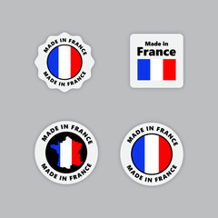 Made in France label set. Made in France stamp. Big set of labels, stickers, bookmarks, badges, symbols and page curls with France flag icon on design elements.