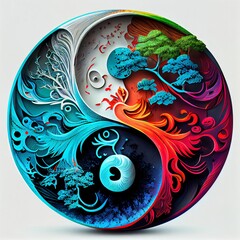 traditionally modern: a colorful and decorated ying-yang symbol on white background, generative ai