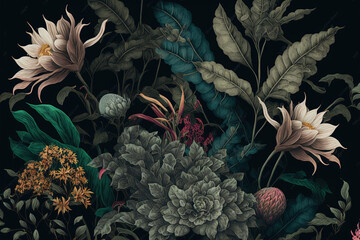Vintage-Style Illustrations, tropical leaves with Black Backgrounds - Perfect for Digital Art Projects, Ai generated