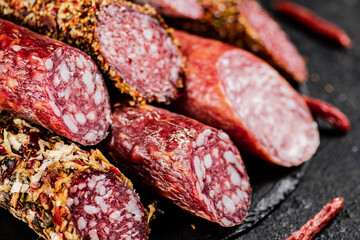 A variety of types of salami sausage with dried chili peppers on the table. 