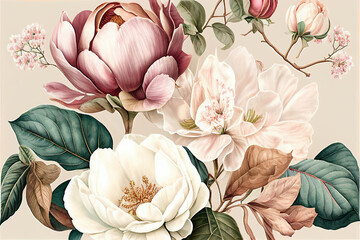 Composition pattern magnolia flowers and peonies and leaves on light background. Holiday greeting with space for text, wedding, Valentine's Day, Women's Day. Natural florist design. Generative AI - obrazy, fototapety, plakaty