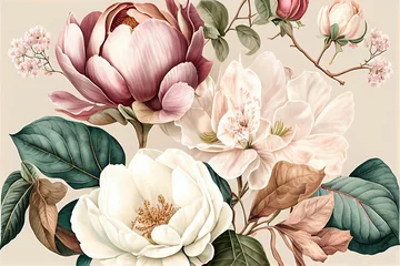  Composition pattern magnolia flowers and peonies and leaves on light background. Holiday greeting with space for text, wedding, Valentine's Day, Women's Day. Natural florist design. Generative AI © VICHIZH
