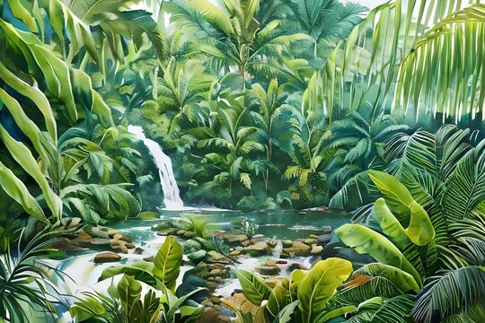 Tropical watercolor Jungle art made with Generative AI