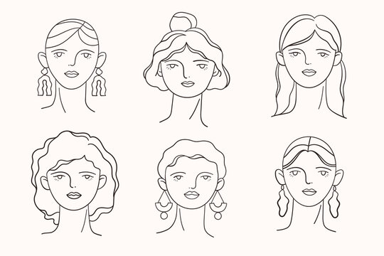 Outline women faces set. Famale hand drawn line vector illustration. 