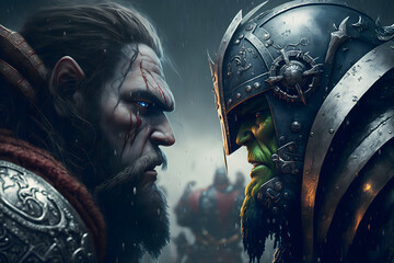 Battle of orcs and paladins, the world of warcraft. A man and an orc face to face, the confrontation of the warriors. Orcs and men in armor - obrazy, fototapety, plakaty