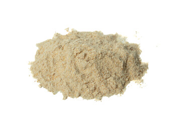 Obraz premium Close up Pile seasoning powder explosion flying, Beige brown seasoning powder wave floating fall down in air. Seasoning powder is element material. Eyeshadow crush for make up artist. White background