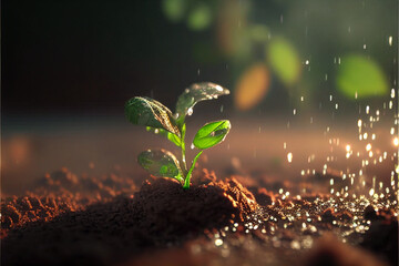 Fresh young sprouts grow out of the ground in sunset light with raindrops, the concept of growing eco plants for food. Generative AI - obrazy, fototapety, plakaty