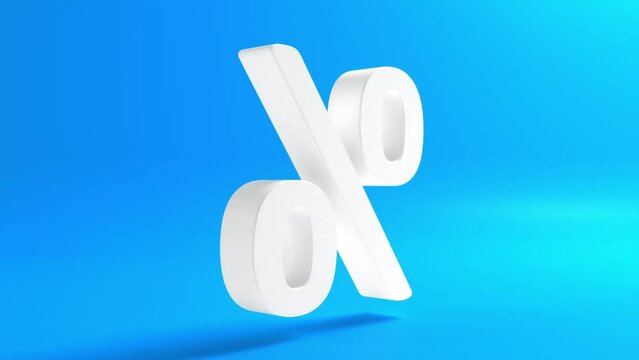 Percent Sign Symbol on blue background with copy space. 3d animation. White percentage sign hovering on blue background.