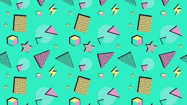 Retro geometric background animation footage perfect for music videos, motion graphics, digital art. Dynamic, abstract pattern of shapes & lines in vintage colors. Seamless, loopable, green background