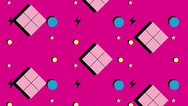 Retro geometric background animation footage perfect for music videos, motion graphics, digital art. Dynamic, abstract pattern of shapes & lines in vintage colors. Seamless, loopable, pink background