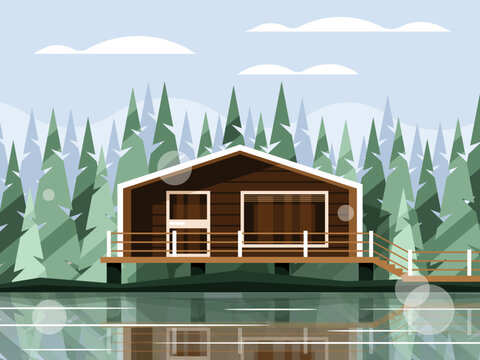 Modern House On The Lake Against The Background Of Coniferous Forest. Beautiful Stilt Cottage. Vector Illustration