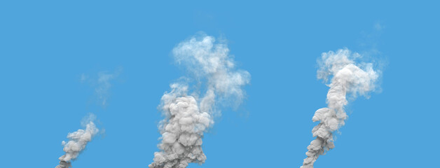 Naklejka premium 3 grey co2 emissions smoke columns from masut power plant on blue, isolated - industrial 3D rendering
