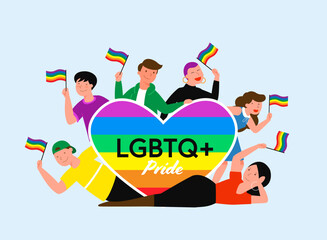 LGBT pride month concept vector illustration. Cartoon young group of lover people standing together, waving, holding rainbow heart and LGBT flag in hands, homosexual rainbow love isolated on cyan 
