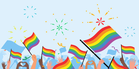 Pride day people. Pride day flag. lgbt. crowd of people with rainbow flags and symbols on pride parade